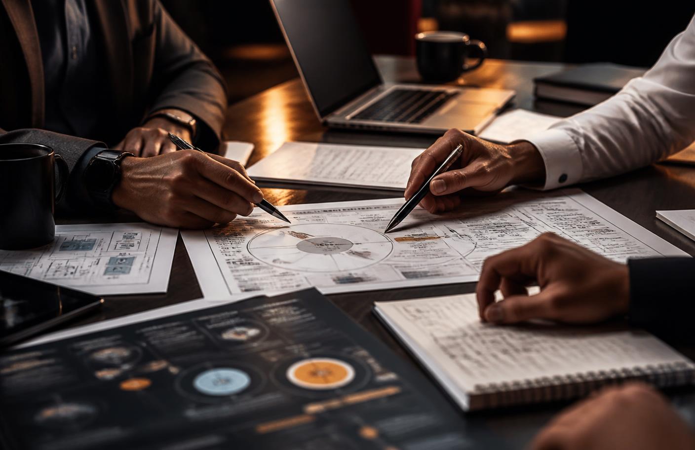 Executivos trabalhando sobre frameworks impressos em mesa de trabalho